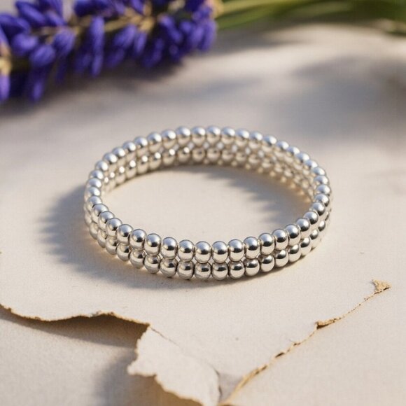 Minimalist Beaded Hoop Earrings And Stretchy Bracelet Set Stainless Steel - Picture 4 of 9